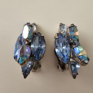 Weiss Vintage Large Navette Blue AB Rhinestone Clip on Earrings